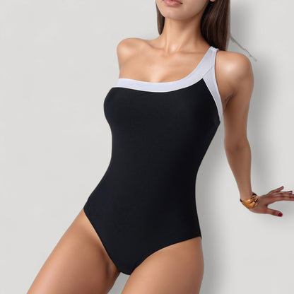 Anna-Kaci Women's One Shoulder One Piece Swimsuit with Asymmetrical Neckline and Contrast Trim Design