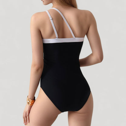 Anna-Kaci Women's One Shoulder One Piece Swimsuit with Asymmetrical Neckline and Contrast Trim Design