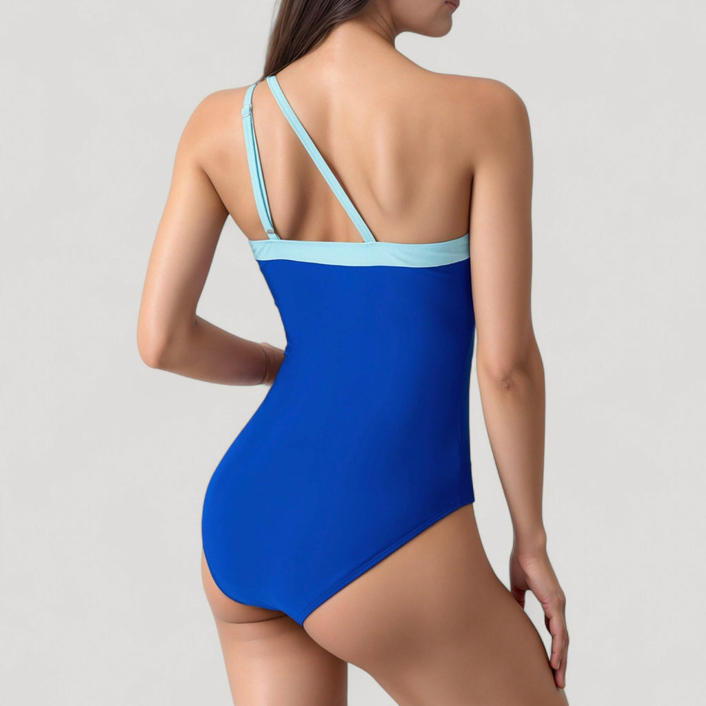 Anna-Kaci Women's One Shoulder One Piece Swimsuit with Asymmetrical Neckline and Contrast Trim Design