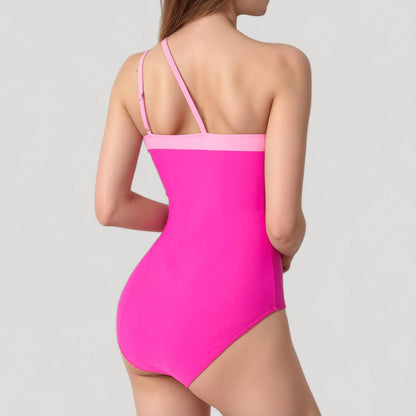 Anna-Kaci Women's One Shoulder One Piece Swimsuit with Asymmetrical Neckline and Contrast Trim Design