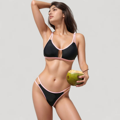 Anna-Kaci Women's Two Piece Bikini Set with Cutout Front Detail and Contrast Trim Strappy Design