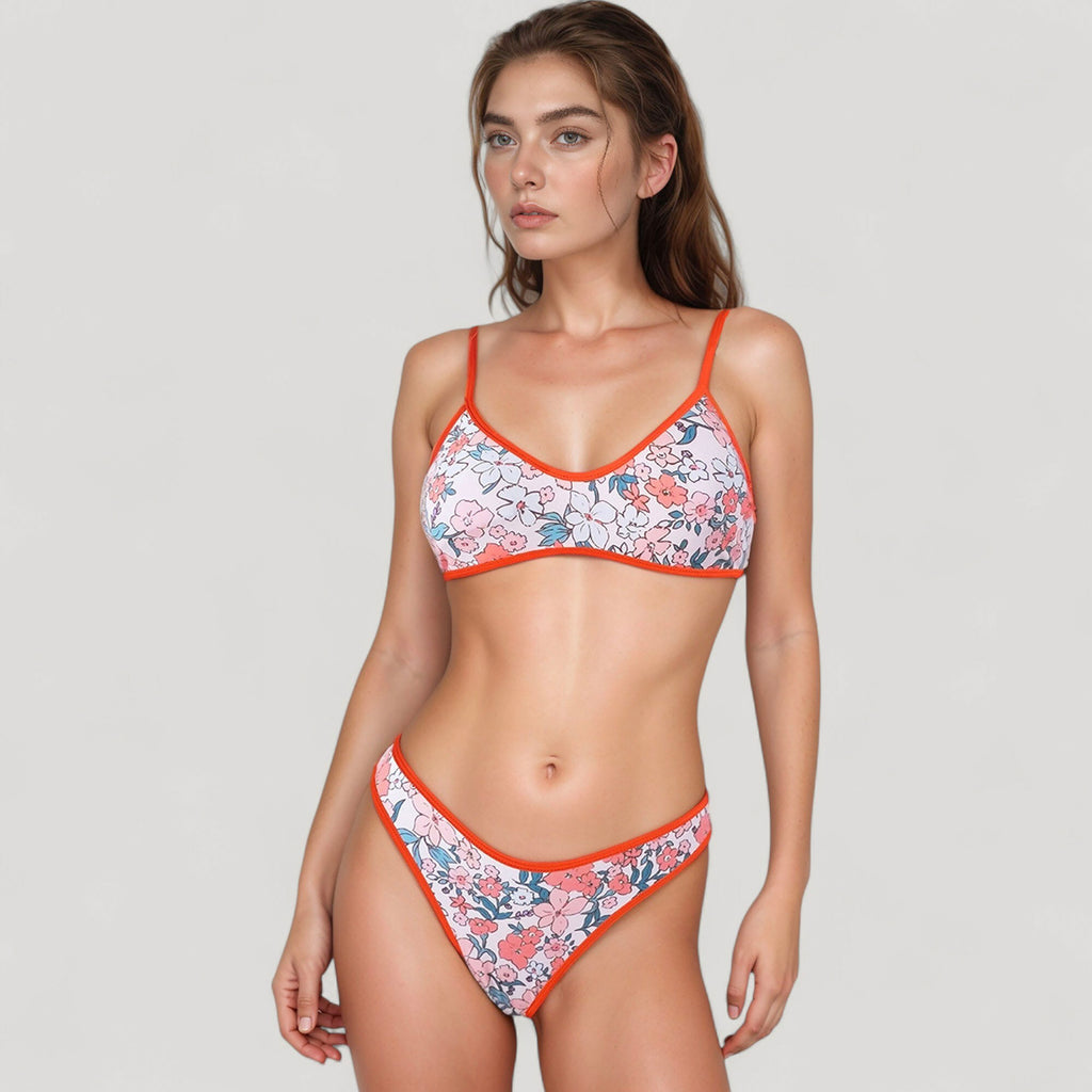 Anna-Kaci Women's Two Piece Bikini Set with Floral Print and Contrast Trim Scoop Neck and High Leg Bottoms
