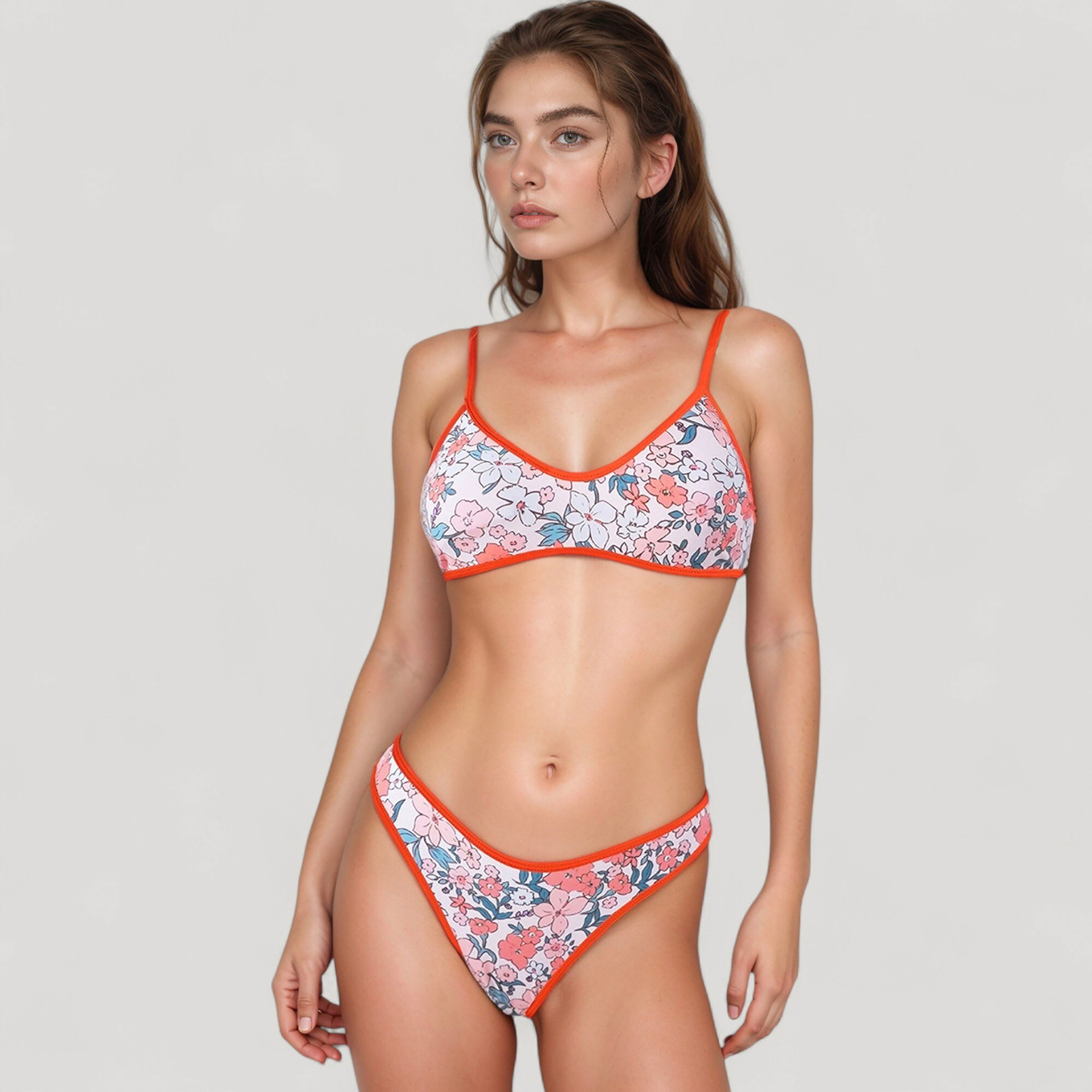 Anna-Kaci Women's Two Piece Bikini Set with Floral Print and Contrast Trim Scoop Neck and High Leg Bottoms