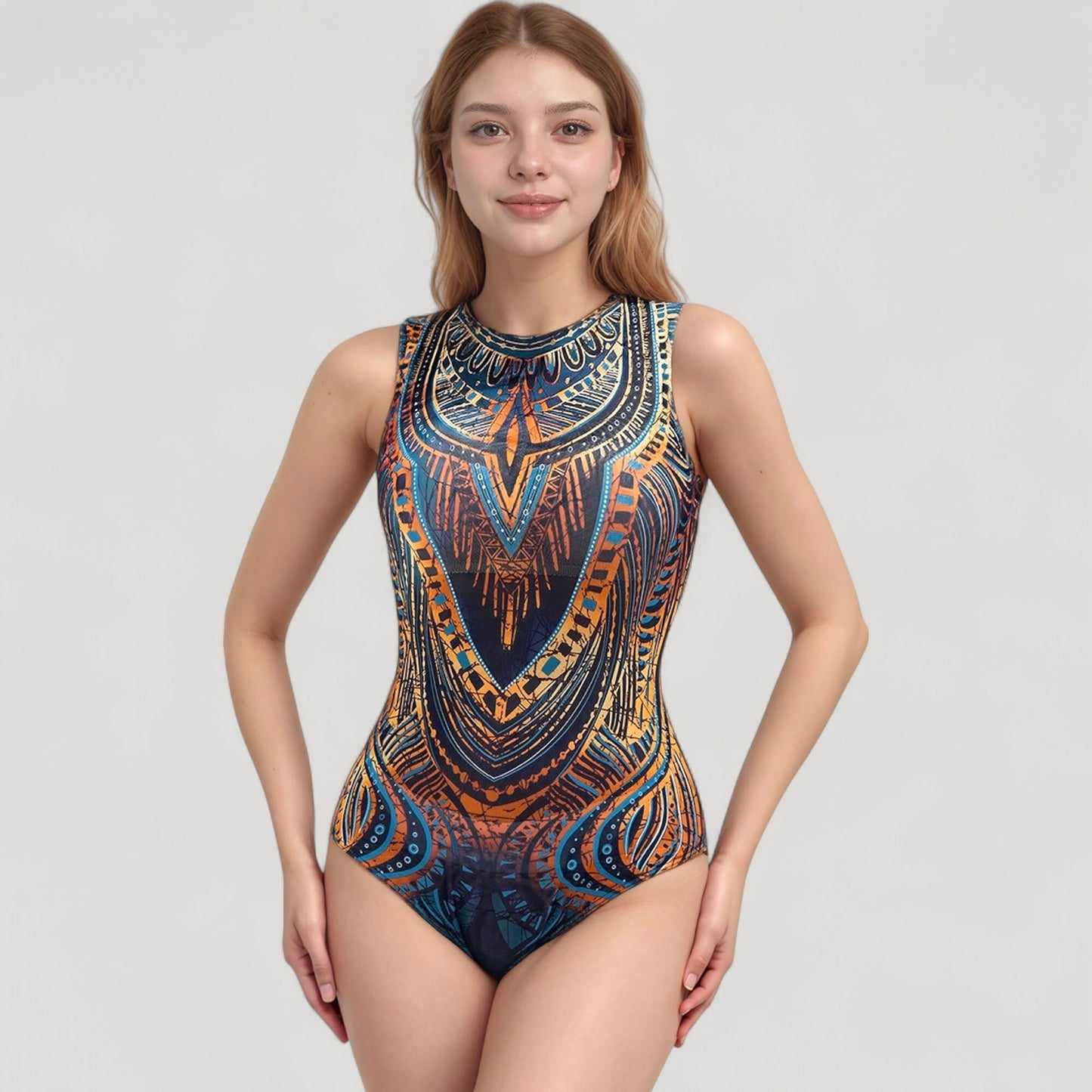 Anna-Kaci Women's Tribal Print One Piece Swimsuit with High Neckline and Sculpting Silhouette