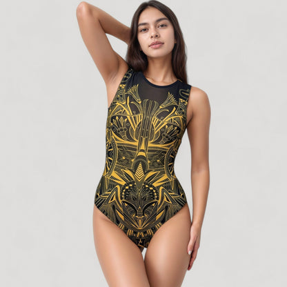 Anna-Kaci Women's Tribal Print One Piece Swimsuit with High Neckline and Sculpting Silhouette