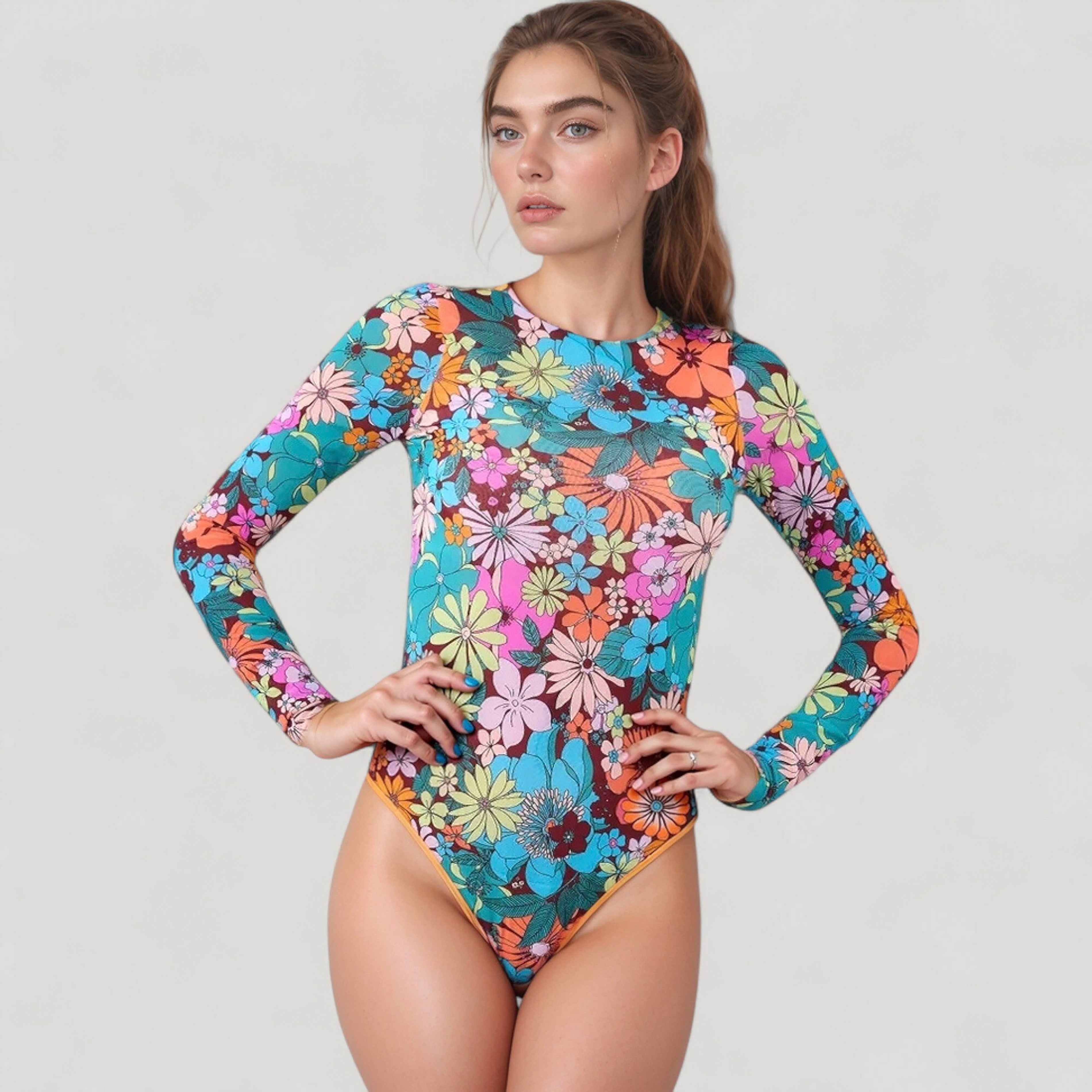 Anna-Kaci Women's Long Sleeve One Piece Swimsuit with Crew Neck and Colorful Retro Floral Print