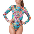 Anna-Kaci Women's Long Sleeve One Piece Swimsuit with Crew Neck and Colorful Retro Floral Print