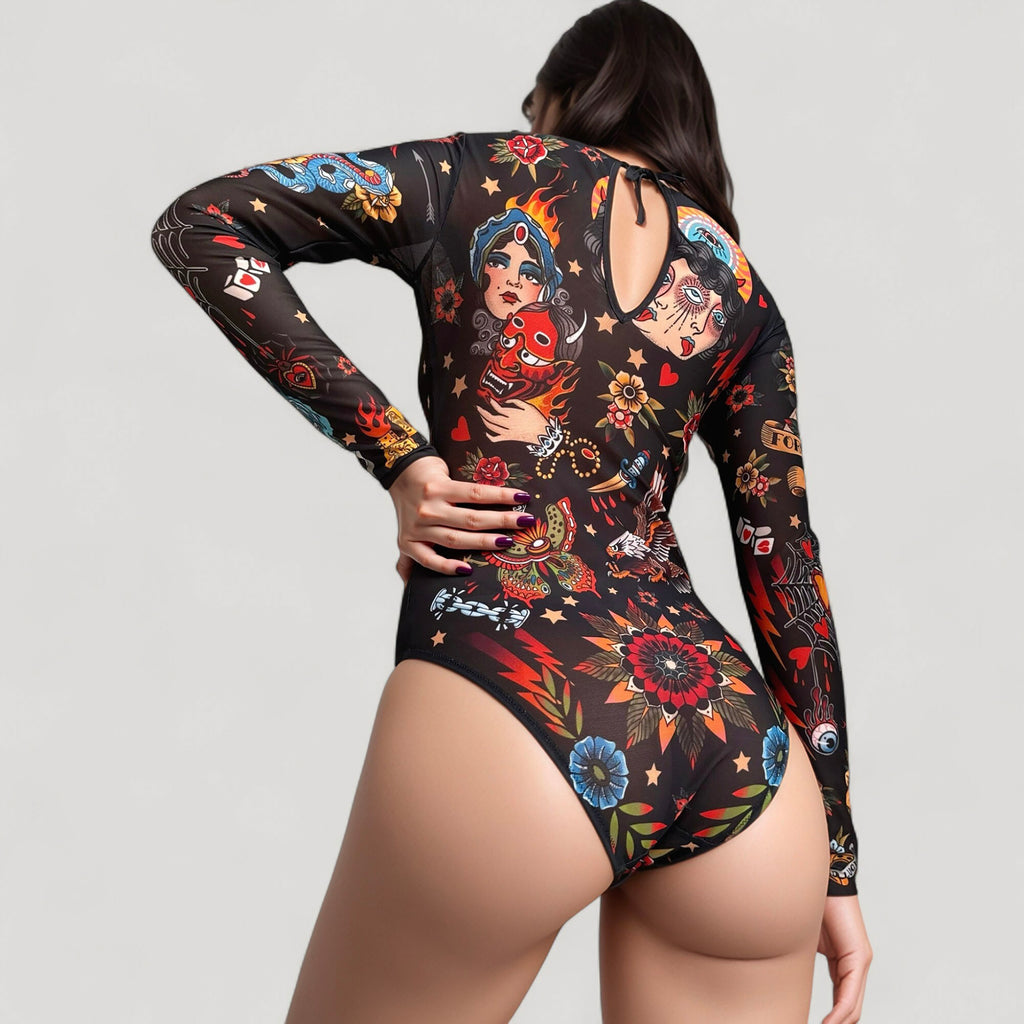 Anna-Kaci Women's Tattoo Print Mesh Long Sleeve Bodysuit with Scoop Neck and Artistic Allover Graphic Design