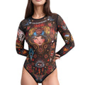 Anna-Kaci Women's Tattoo Print Mesh Long Sleeve Bodysuit with Scoop Neck and Artistic Allover Graphic Design