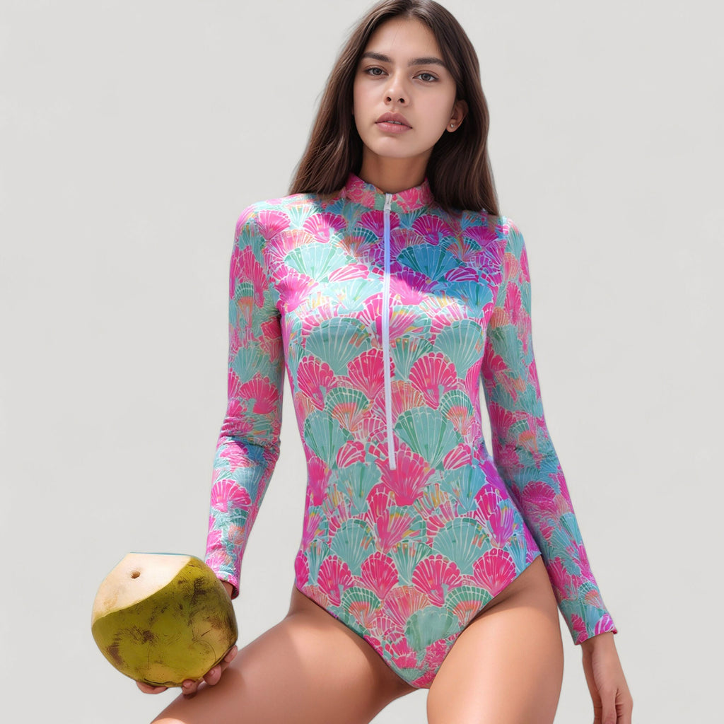 Anna-Kaci Women's Long Sleeve One Piece Swimsuit with Zip Front and Abstract Fan Shell Print