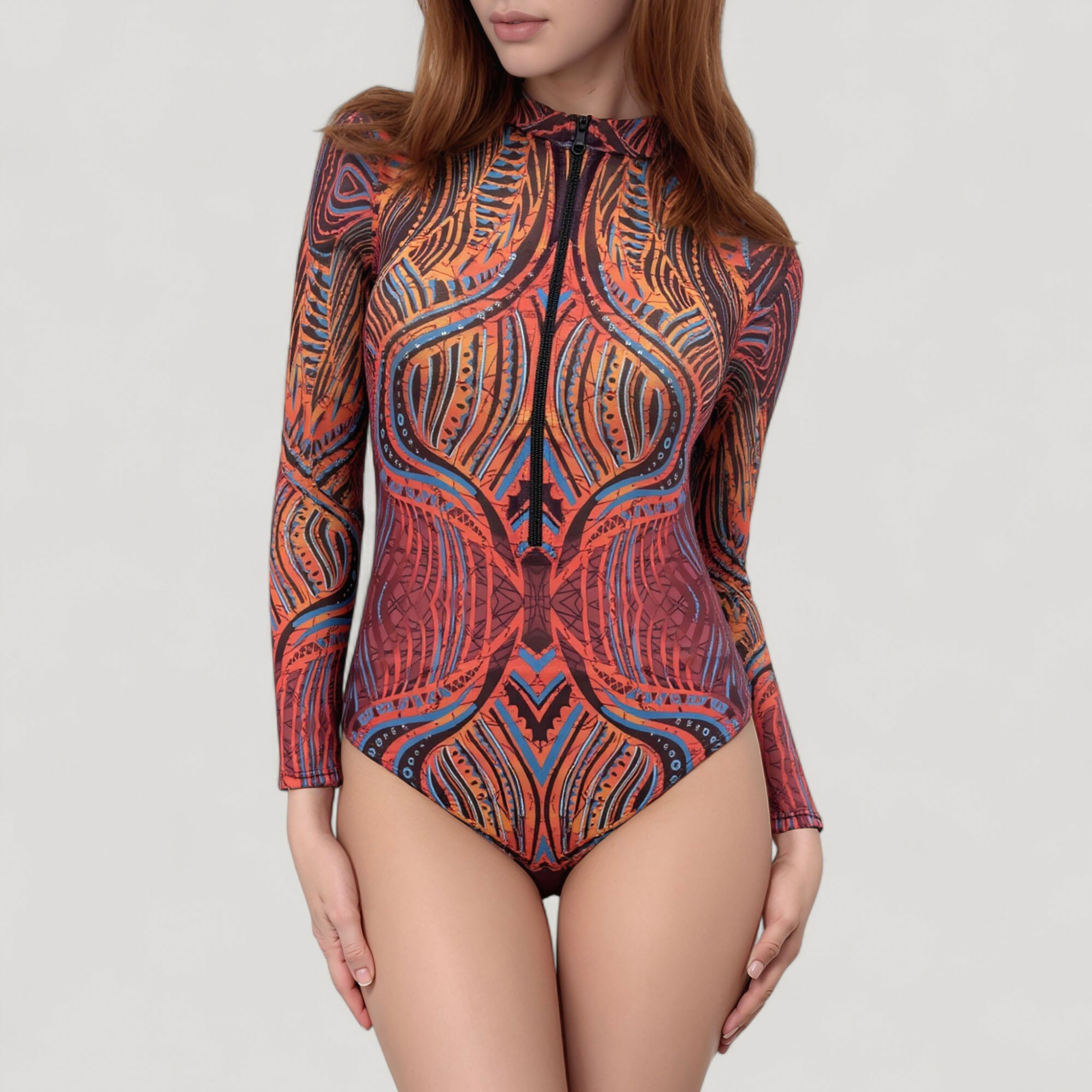 Anna-Kaci Women's Long Sleeve One Piece Swimsuit with Tribal Inspired Print and Front Zipper Detail