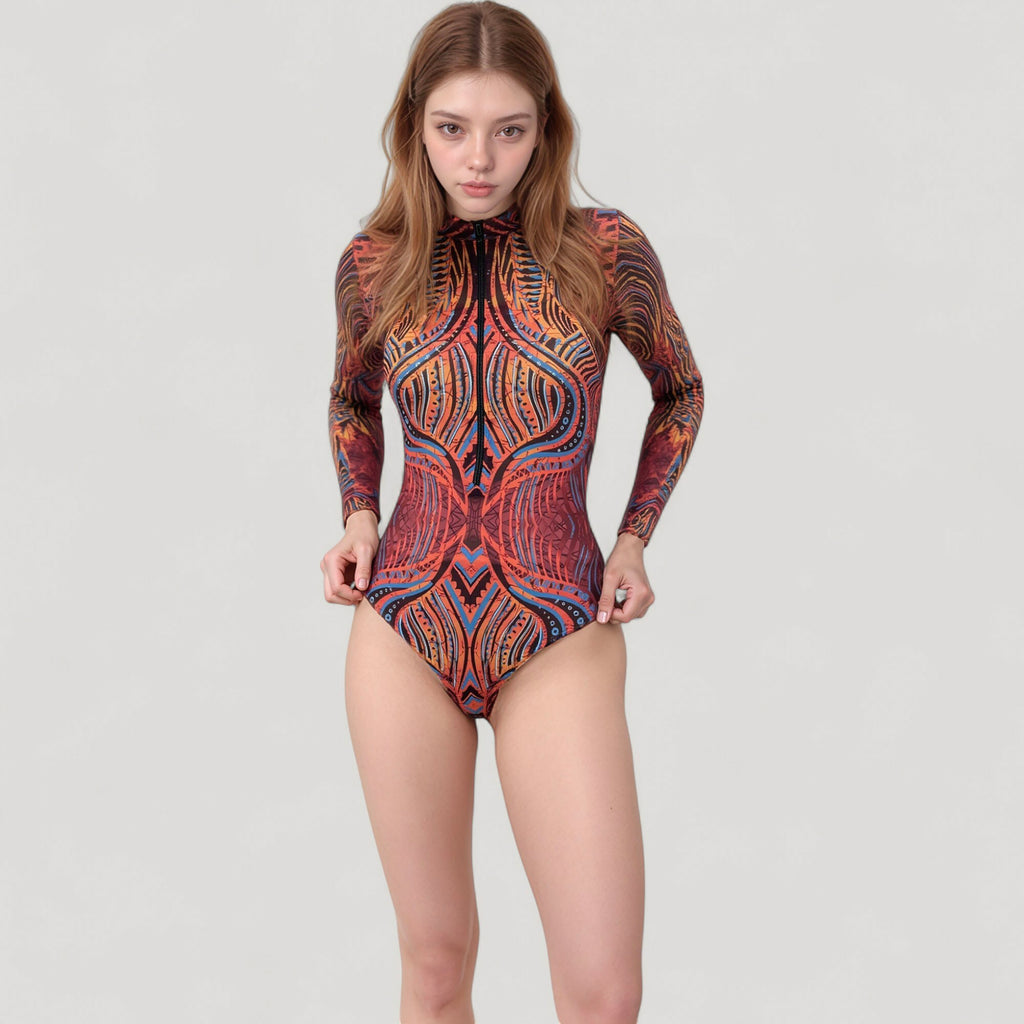 Anna-Kaci Women's Long Sleeve One Piece Swimsuit with Tribal Inspired Print and Front Zipper Detail