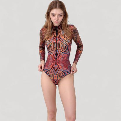 Anna-Kaci Women's Long Sleeve One Piece Swimsuit with Tribal Inspired Print and Front Zipper Detail