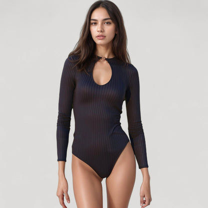 Anna-Kaci Women's Long Sleeve One Piece Swimsuit with Ribbed Texture Keyhole Front and Ring Accent