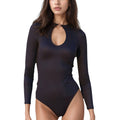 Anna-Kaci Women's Long Sleeve One Piece Swimsuit with Ribbed Texture Keyhole Front and Ring Accent