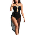 Anna-Kaci Women's Strapless One-Piece Swimsuit with Floral Halter Detail and Mesh High-Slit Wrap Skirt Cover-Up