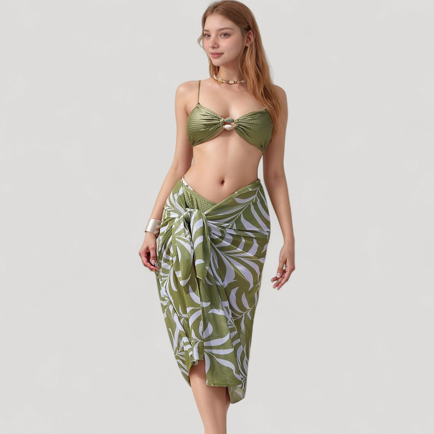 Anna-Kaci Women's Ring Front Bikini Top with Adjustable Straps and Tropical Leaf Print Sarong Cover-Up Skirt