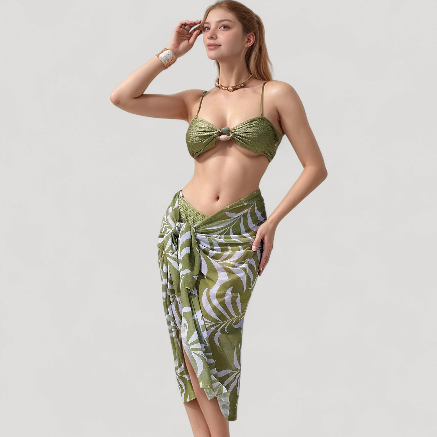 Anna-Kaci Women's Ring Front Bikini Top with Adjustable Straps and Tropical Leaf Print Sarong Cover-Up Skirt