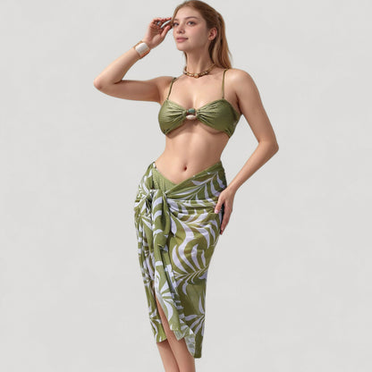 Anna-Kaci Women's Ring Front Bikini Top with Adjustable Straps and Tropical Leaf Print Sarong Cover-Up Skirt