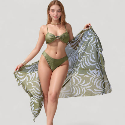 Anna-Kaci Women's Ring Front Bikini Top with Adjustable Straps and Tropical Leaf Print Sarong Cover-Up Skirt