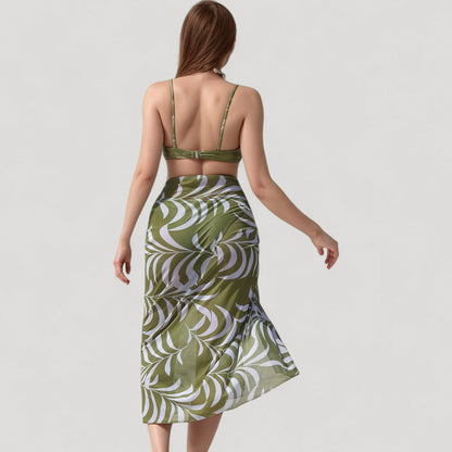 Anna-Kaci Women's Ring Front Bikini Top with Adjustable Straps and Tropical Leaf Print Sarong Cover-Up Skirt