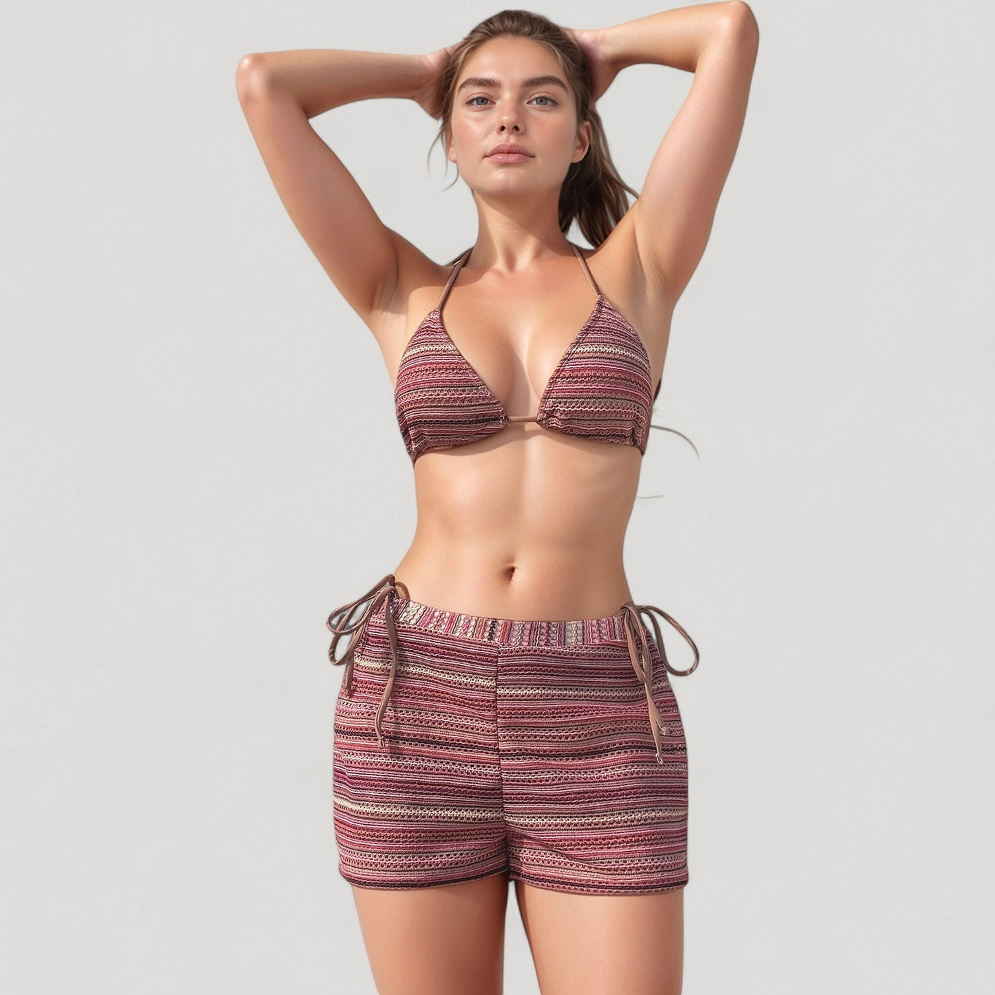 Anna-Kaci Women's Triangle Bikini Top with Matching Striped Elastic Waist Swim Shorts and Side Tie Details