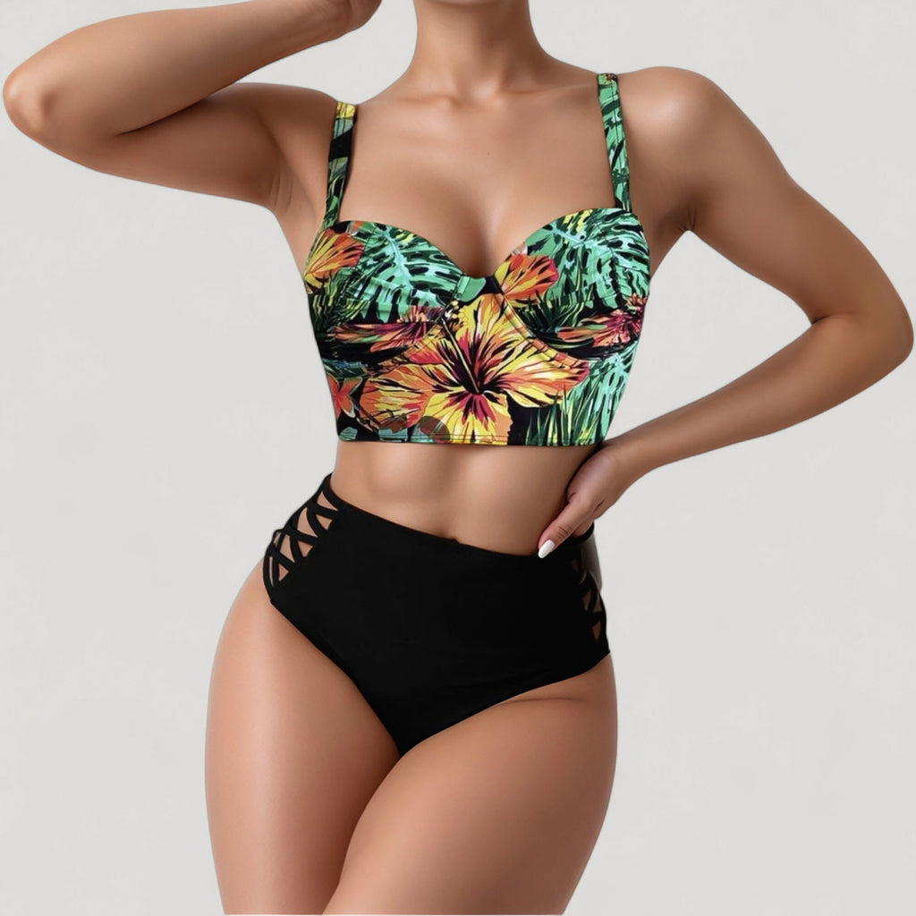 Anna-Kaci Women's Tropical Print Longline Bikini Top with High Waist Bottom and Lattice Side Details