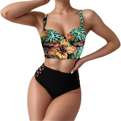 Anna-Kaci Women's Tropical Print Longline Bikini Top with High Waist Bottom and Lattice Side Details