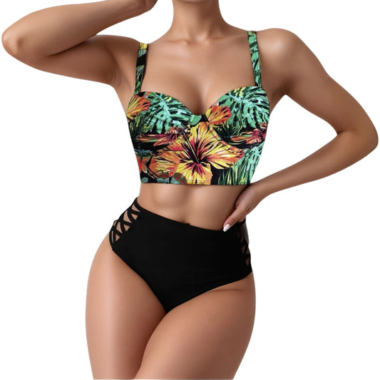 Anna-Kaci Women's Tropical Print Longline Bikini Top with High Waist Bottom and Lattice Side Details