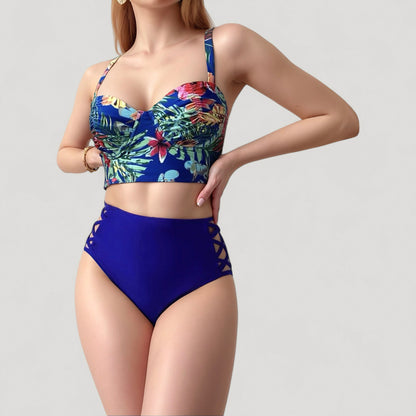 Anna-Kaci Women's Tropical Print Longline Bikini Top with High Waist Bottom and Lattice Side Details