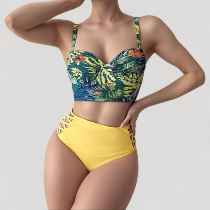 Anna-Kaci Women's Tropical Print Longline Bikini Top with High Waist Bottom and Lattice Side Details