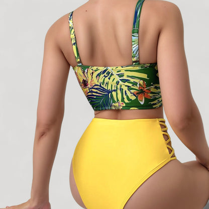 Anna-Kaci Women's Tropical Print Longline Bikini Top with High Waist Bottom and Lattice Side Details