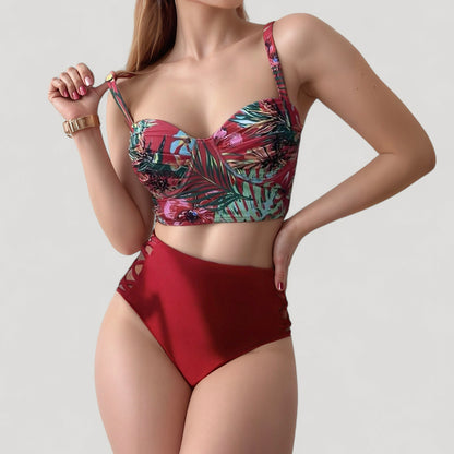 Anna-Kaci Women's Tropical Print Longline Bikini Top with High Waist Bottom and Lattice Side Details