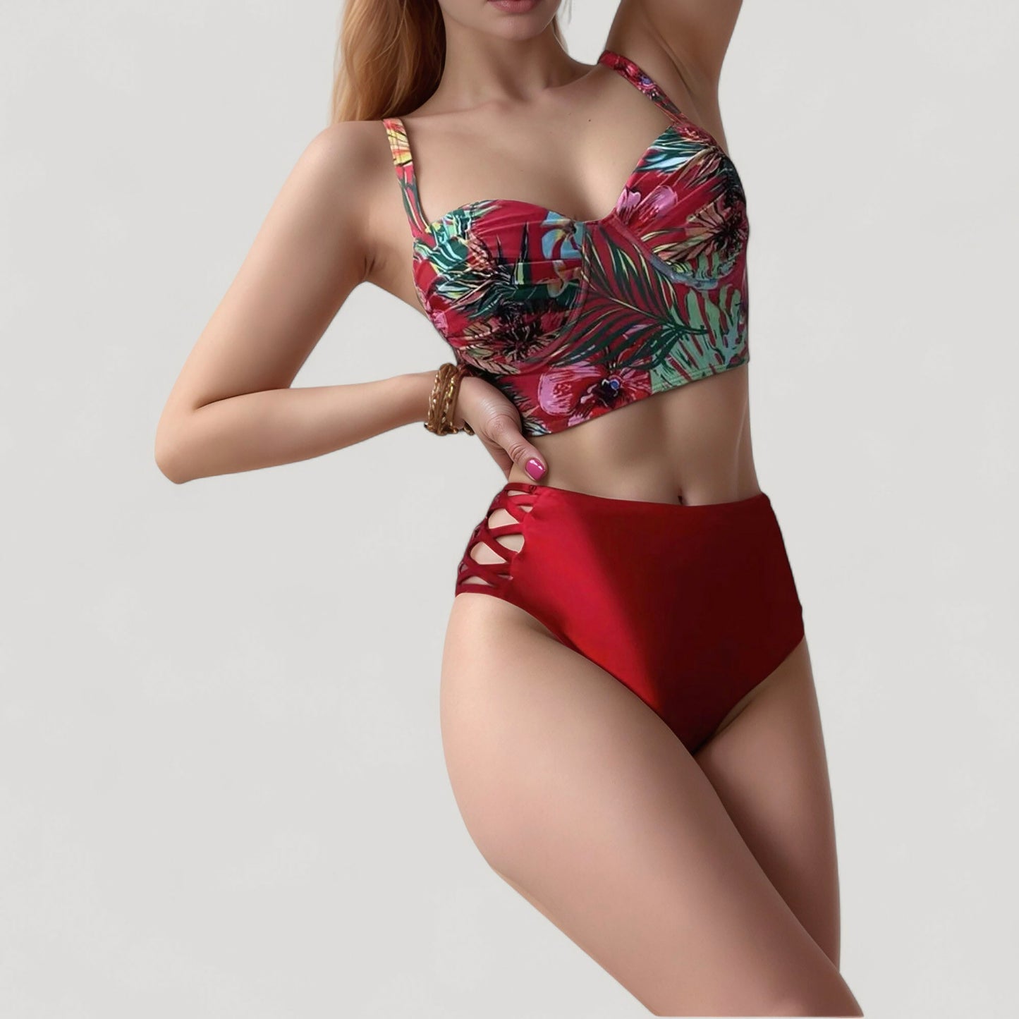 Anna-Kaci Women's Tropical Print Longline Bikini Top with High Waist Bottom and Lattice Side Details