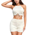 Anna-Kaci Women's Ribbed Knit Halter Crop Top with Front Tie Cutout and Matching High Waist Shorts Lounge Set