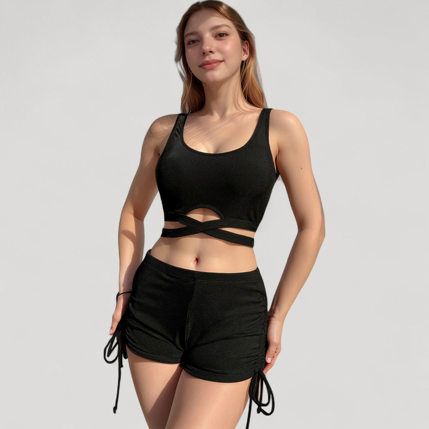 Anna-Kaci Swim Women's Ribbed Knit Two-Piece Tankini Set with Crisscross Crop Top and Ruched Drawstring Shorts