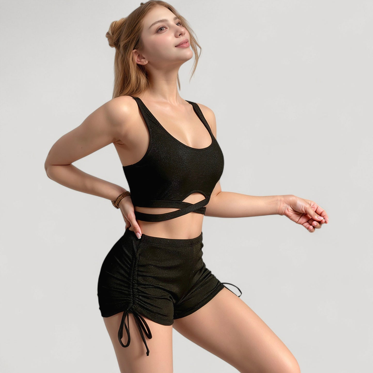 Anna-Kaci Swim Women's Ribbed Knit Two-Piece Tankini Set with Crisscross Crop Top and Ruched Drawstring Shorts