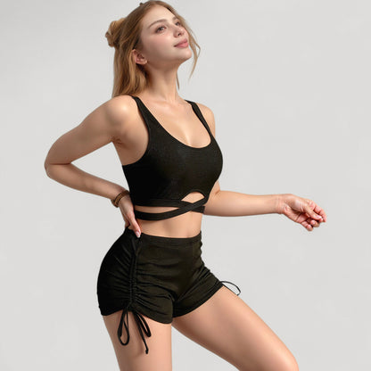 Anna-Kaci Swim Women's Ribbed Knit Two-Piece Tankini Set with Crisscross Crop Top and Ruched Drawstring Shorts