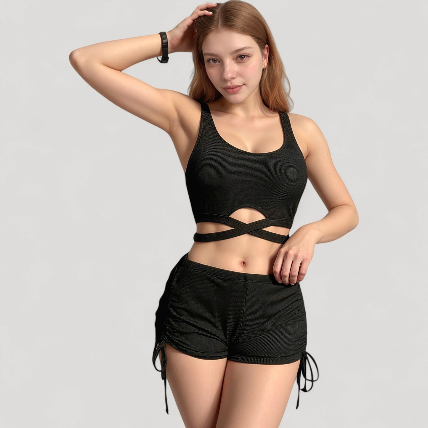 Anna-Kaci Swim Women's Ribbed Knit Two-Piece Tankini Set with Crisscross Crop Top and Ruched Drawstring Shorts