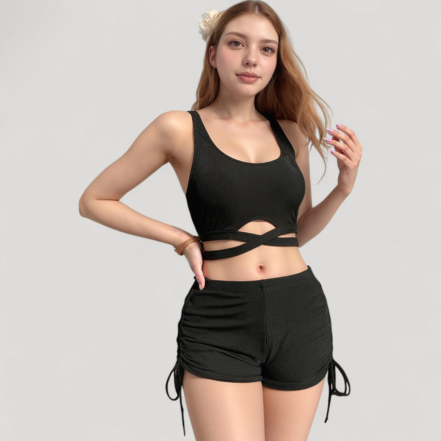 Anna-Kaci Swim Women's Ribbed Knit Two-Piece Tankini Set with Crisscross Crop Top and Ruched Drawstring Shorts