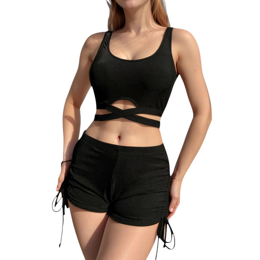 Anna-Kaci Swim Women's Ribbed Knit Two-Piece Tankini Set with Crisscross Crop Top and Ruched Drawstring Shorts