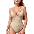 Anna-Kaci Women's Ribbed One Piece Swimsuit with Lace-Up V Neck and Ruffle Trim Details