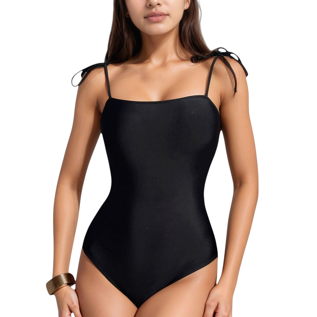 Anna-Kaci Women's Classic One Piece Swimsuit with Adjustable Shoulder Tie Straps and Straight Neckline