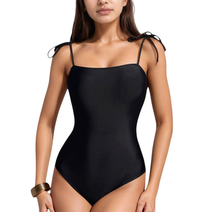 Anna-Kaci Women's Classic One Piece Swimsuit with Adjustable Shoulder Tie Straps and Straight Neckline