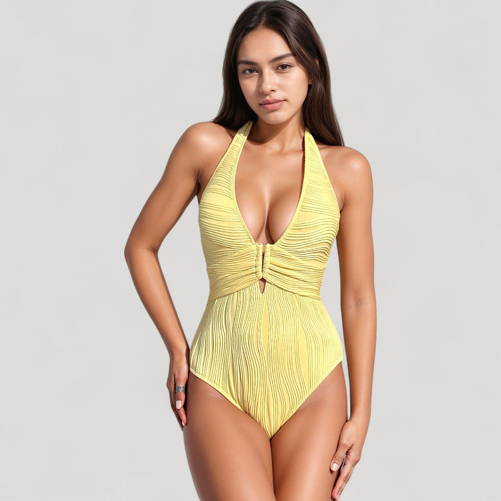 Anna-Kaci Swim Women's Ribbed Plunge One Piece Swimsuit with Halter Neckline and Keyhole Front Detail