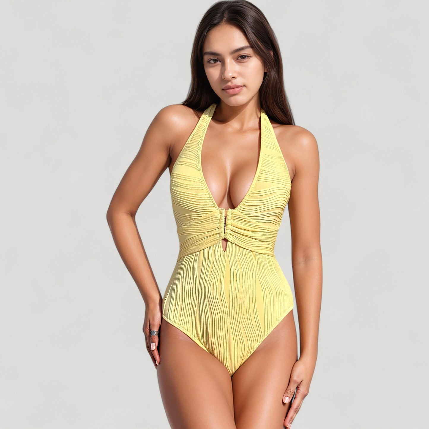 Anna-Kaci Swim Women's Ribbed Plunge One Piece Swimsuit with Halter Neckline and Keyhole Front Detail