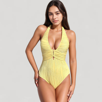 Anna-Kaci Swim Women's Ribbed Plunge One Piece Swimsuit with Halter Neckline and Keyhole Front Detail