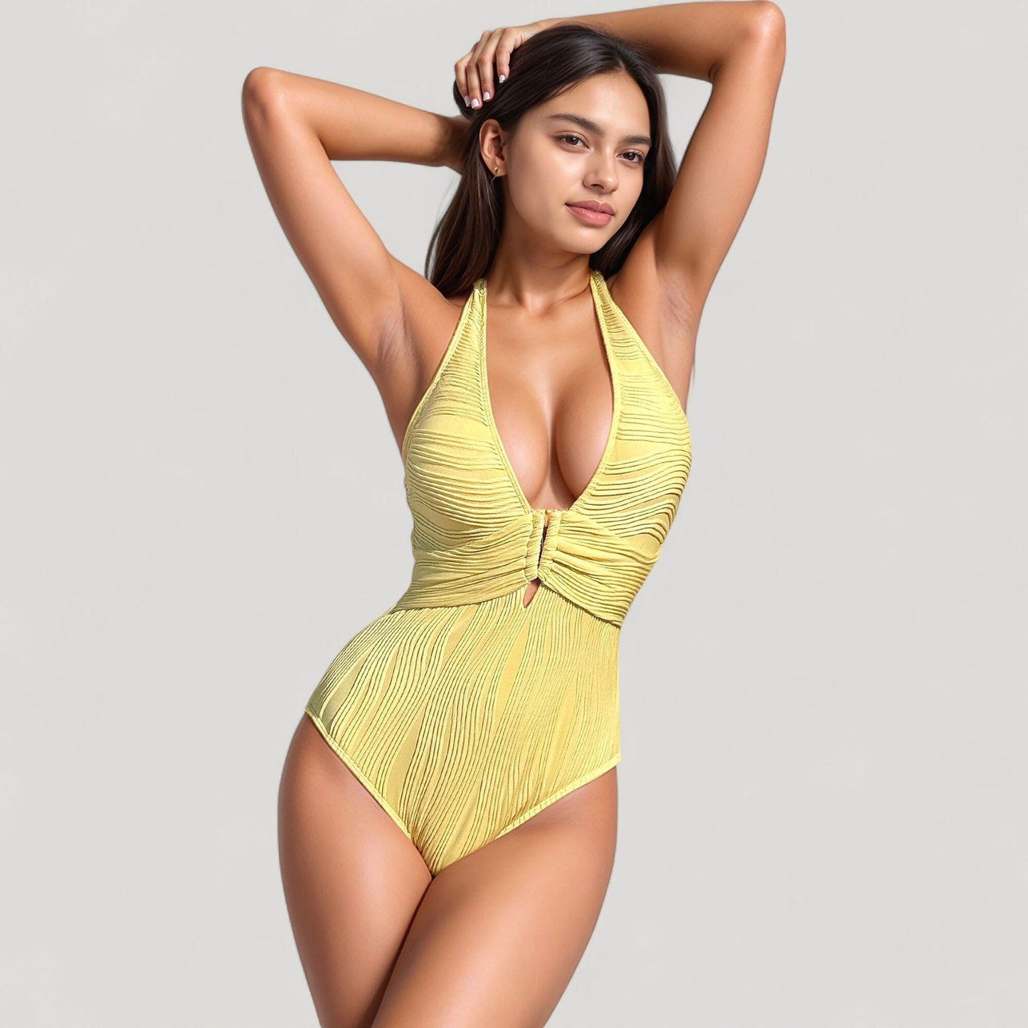 Anna-Kaci Swim Women's Ribbed Plunge One Piece Swimsuit with Halter Neckline and Keyhole Front Detail
