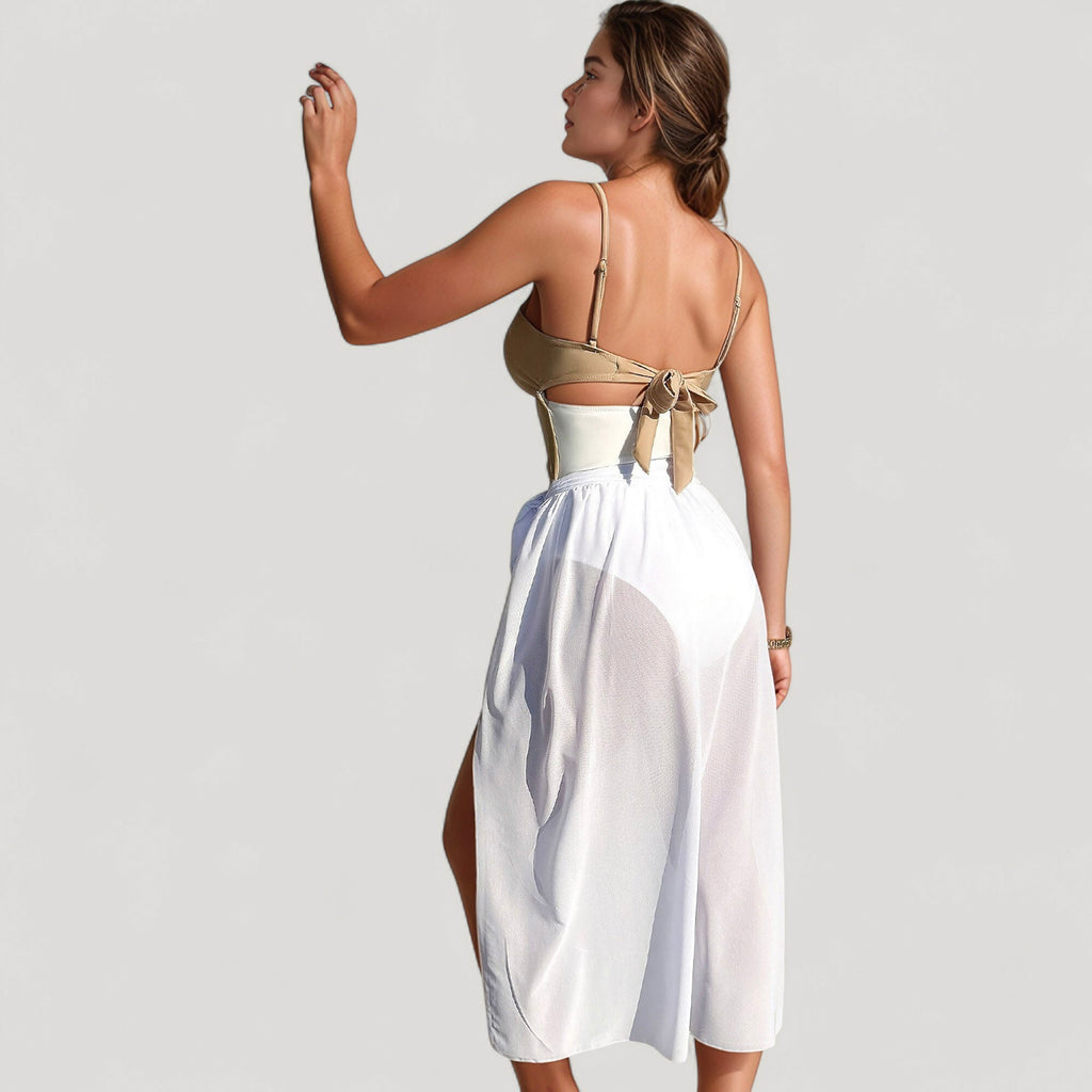 Anna-Kaci Women's Bikini Top with Jewel Ring Accents and Sheer Wrap Skirt Cover-Up Set