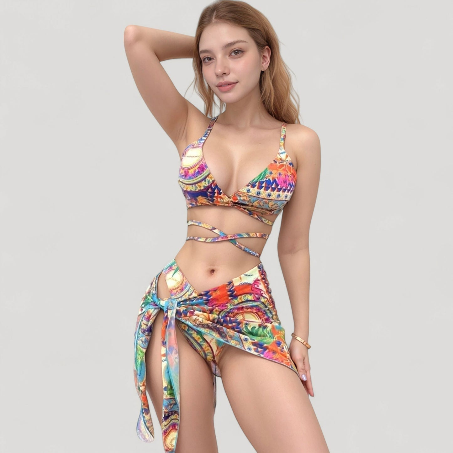 Anna-Kaci Women's Printed Bikini with Wrap Tie Straps and Matching Side Tie Mini Skirt Cover-Up